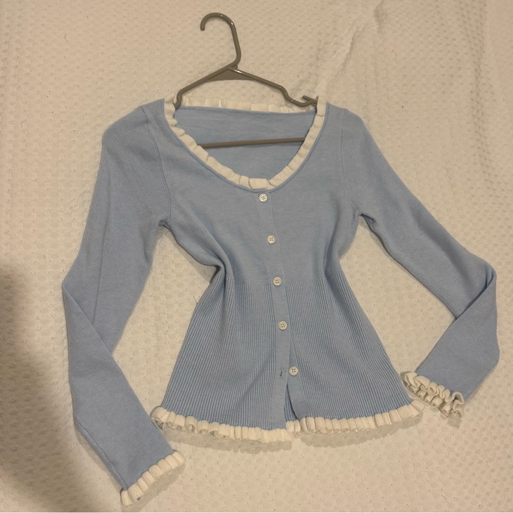 SHEIN Light Blue and White Ruffle Trim Button-Up Cardigan